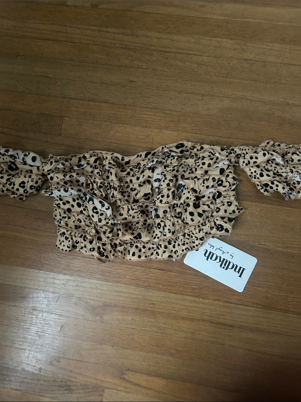 Beige Leopard Print Ruffle Off-Shoulder Crop Top